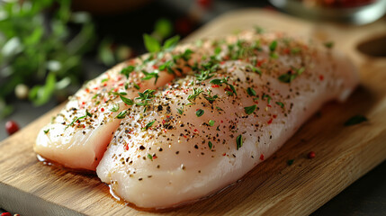 Seasoned Raw Chicken Breast on Wooden Cutting Board