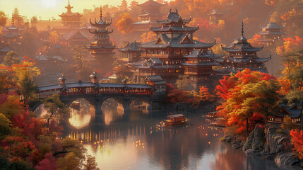 Fototapeta premium Autumn Scene of Traditional Pagodas and Bridge Over Serene River..