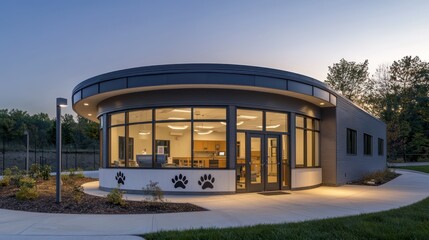 A circular veterinary clinic with a facade of pet-friendly designed fiber cement siding, featuring a paw print embossing that is both functional and whimsical