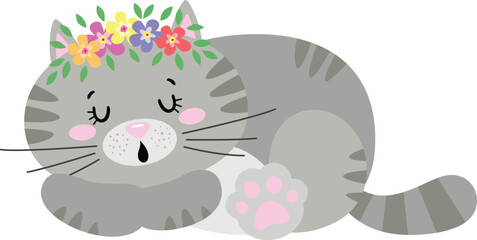 Cute cat sleeping with wreath floral on head