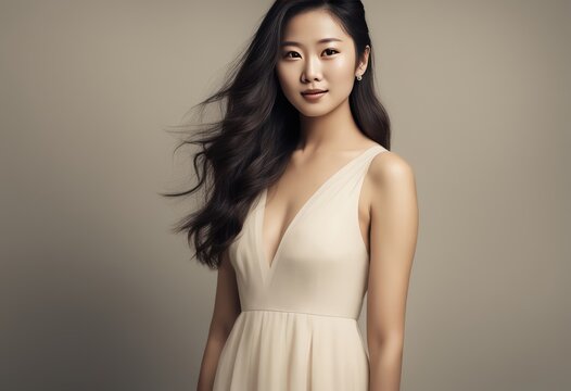 a beautiful Asian woman with long wavy hair wearing a cream-colored dress, standing in front of a blurred background with a watermark on the left side. 300 dpi ready to print