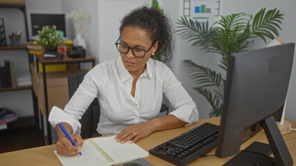 Fototapeta premium Woman working in office taking notes in notebook while seated at desk with computer and indoor plant