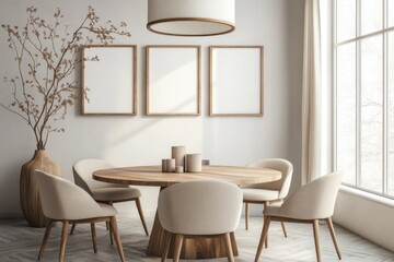 A modern dining room with a round wooden table, soft beige chairs, and a large pendant light