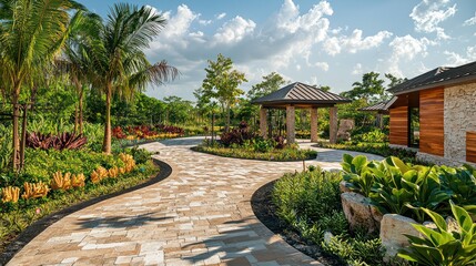 A coastal botanical garden with walkways and pavilions made from moisture-resistant fiber cement siding, colored and textured to mimic natural coral and stone