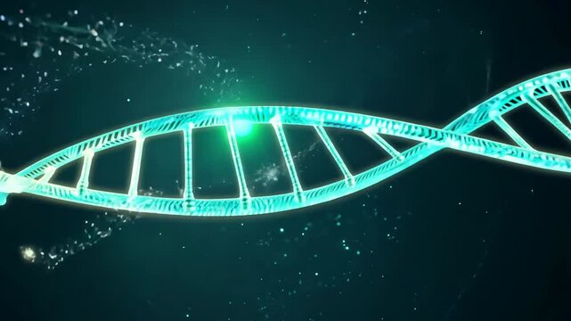 Title: DNA strand, genetic or scientific with glowing blue helix for biotechnology, medical research or genomic studies. Molecular structure, biology or health animation for educational content