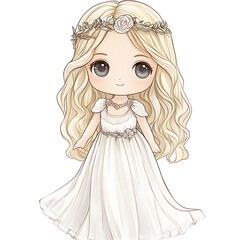 Fototapeta premium Cute Cartoon Girl with Long Blonde Hair in a White Dress and Flower Crown.