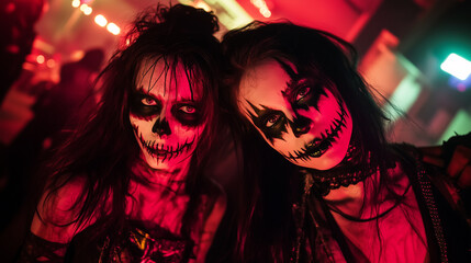 Fototapeta premium Two women with painted faces and skulls are posing for a photo