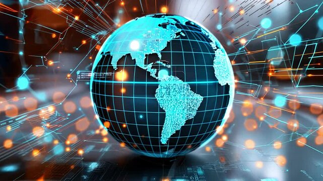 Digital world connectivity: futuristic globe with global network connections and technology elements