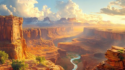 Canyon landscape with steep cliffs and a winding river far below