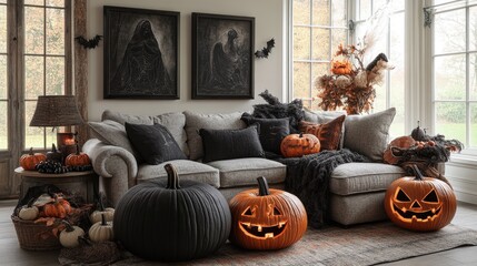 Obraz premium Spooktacular Halloween Home Decor Scene in Cozy Living Room Ambiance