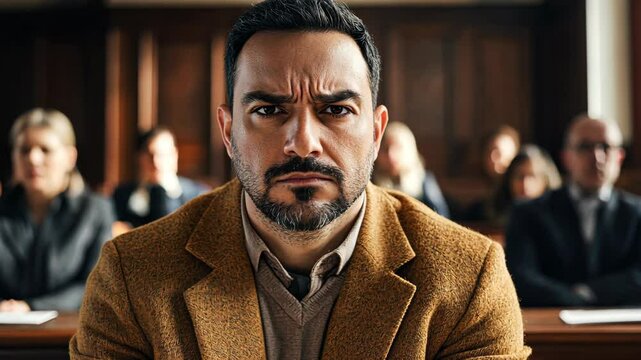 A tense courtroom drama unfolds with a key witness on the stand during a pivotal trial in a historic building. A serious man sitting in a courtroom and staring at the camera