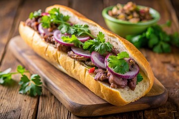 Baguette sandwich with beef, onion, and cilantro, selective focus, low angle view