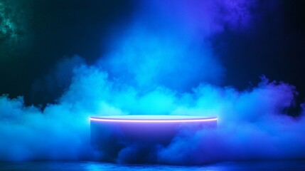 Neon blue lights with a glowing platform. Podium stand for promotions