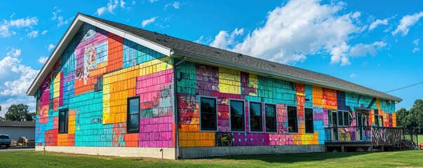 Fototapeta premium A community art project that transforms a dull building with vibrant, mural-covered fiber cement siding, turning the structure into a local landmark