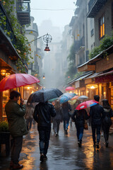 people walk down the street with umbrellas in the rain
