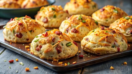 Fototapeta premium Baked savory bacon scones with cheddar and parmesan cheese