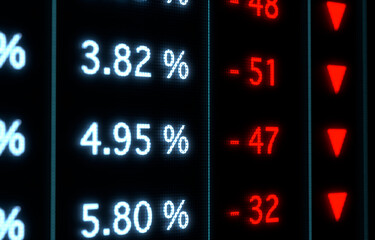 Fototapeta premium Spreasheet with falling interest rates, rate cut by the central bank. Stimulation for the economy.