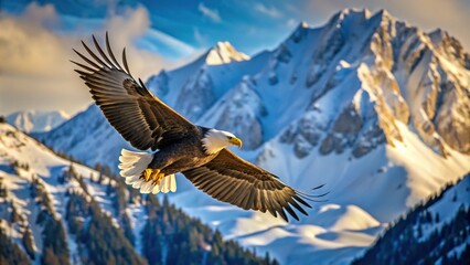 Fototapeta premium Bald eagle soaring with snowy mountain backdrop