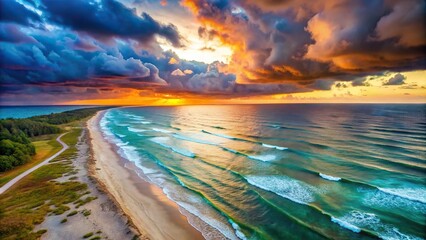 Baltic sea in colorful sunset colors with storm clouds, turquoise water, waves, sandy coastline