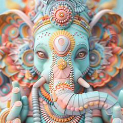 A close-up portrait of a 3D Ganesha statue. The elephant god has a friendly expression with intricate details, rendered in a vibrant palette of geometric shapes and pastel colors.