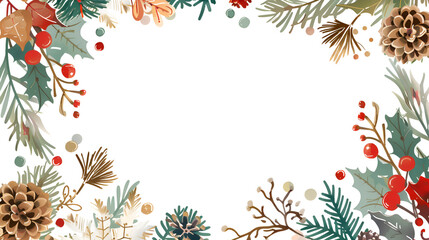 Minimalistic Christmas background floral frame. Christmas pine card with cones, berries and greenery on white background with copy space