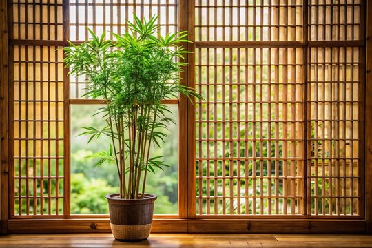 Bamboo plant growing against wall with lattice window in high angle view