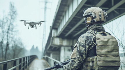 Modern soldier controlling a military reconnaissance drone under a bridge.