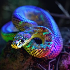 Obraz premium Close-up of the head of a colorful multicolored neon snake in the forest
