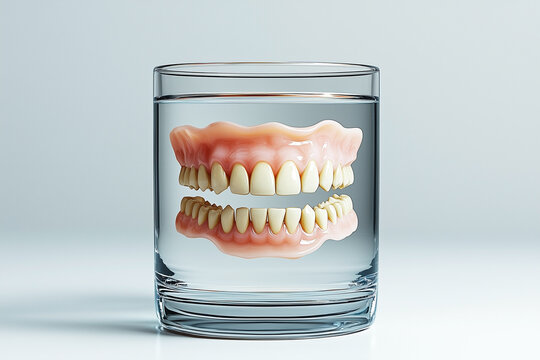  A set of dentures in a glass of water on background. False teeth