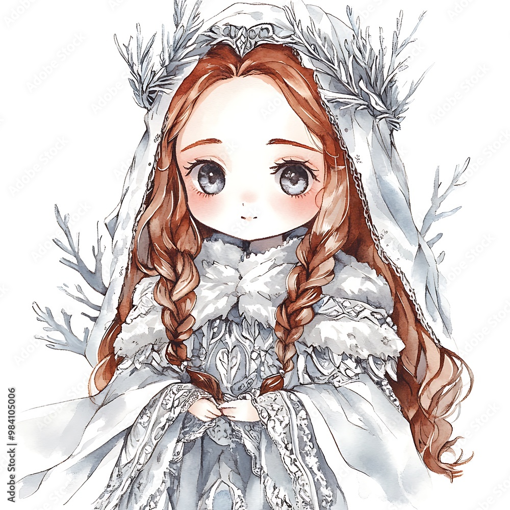 Wall mural Watercolor Illustration of a Beautiful Anime Girl with Long Brown Hair and a Wintery Crown.