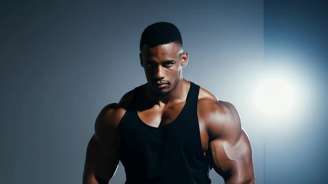 The camera holds a static shot of a muscular man in a black tank top standing confidently, arms relaxed, against a minimal background under hard light

.