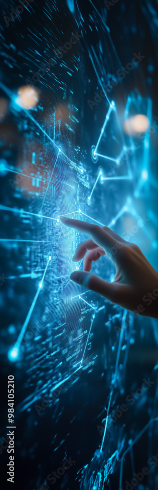 Poster a close-up view of a hand touching a futuristic glowing digital interface, showcasing blue digital p