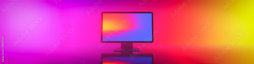 Poster 3d illustration of a retro-styled computer monitor placed in a colorful environment of pastel purple
