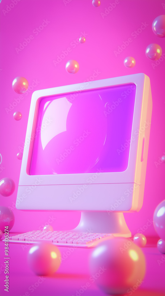 Poster digital artwork featuring a retro computer monitor against an orange and purple gradient background,