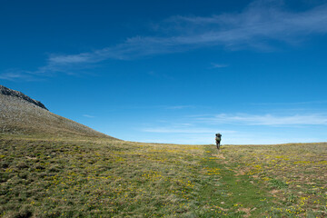 Fototapeta premium Uludag trekking routes. Mountaineers doing a trekking tour in sunny weather. Mountaineers going camping. Climbers walking with backpacks in high terrain.