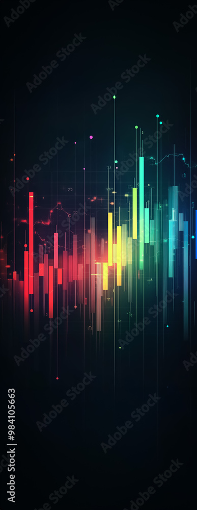 Poster vertical infographic background depicting multicolored lines and data bars, showcasing stock market 
