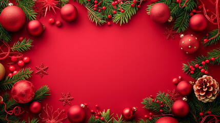 Merry Christmas and Happy New Year red background with fir branches and decorations form an empty frame with copy space for greeting text
