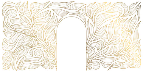 Vector art deco leaves pattern with arch. Gold on white fancy ornament, line floral wallpaper, plant frame © marylia17