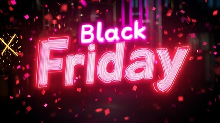 Bright red neon Black Friday sign surrounded by a flurry of red confetti, highlighting a festive and attention-grabbing sale announcement