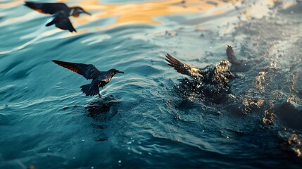 Obraz premium Oil spill on the surface of the ocean with seabirds covered in oil, showcasing environmental disasters in marine ecosystems