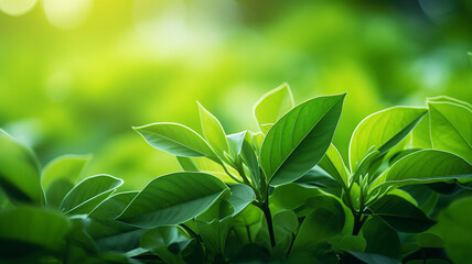 Obraz premium Fresh green leaves glowing under soft sunlight in a vibrant natural setting.