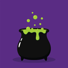 Halloween witches violet cauldron with poison potion isolated on white background. Vector Illustration of a Witch's Cauldron.