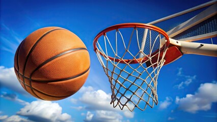 Basketball ball flying into hoop against blue sky