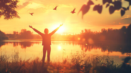 Fototapeta premium A visual of a joyful person celebrating with arms raised in a bright, sunny park.
