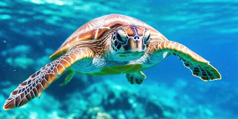 Fototapeta premium A stunning green sea turtle swimming in a tropical island reef