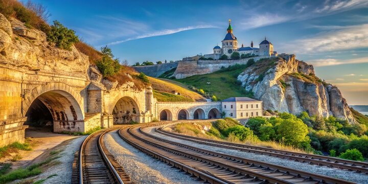 Beautiful aerial view of Inkerman St Klimentovsky Cave Monastery railway and Kalamita fortress in Sevastopol,