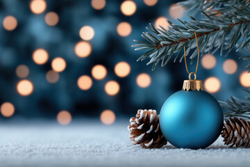Obraz premium Christmas ornament hanging from a frosted pine branch with pinecones, against a soft bokeh background, creating a festive and serene holiday scene.