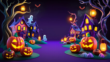 Fototapeta premium A vibrant Halloween scene with glowing pumpkins, haunted houses, spooky ghosts, and bats flying under a full moon. A festive, fun, and eerie atmosphere for Halloween night.