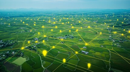 A network of digital connections linking various geolocated location pins over green rice fields, creating an aerial view of the rural landscape with a background of blue sky.