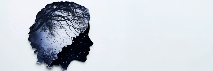 Silhouette of a human head filled branches and leaves, with raindrops falling from the face. Concept of emotions like sadness, apathy, and sorrow. Web banner, copy space